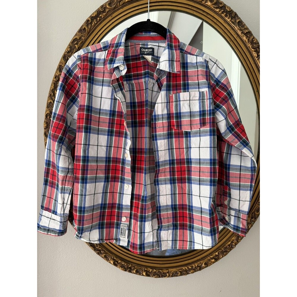 OshKosh B'gosh Button Up Shirt Boys 7 Plaid Long Sleeve Red White Blue Green